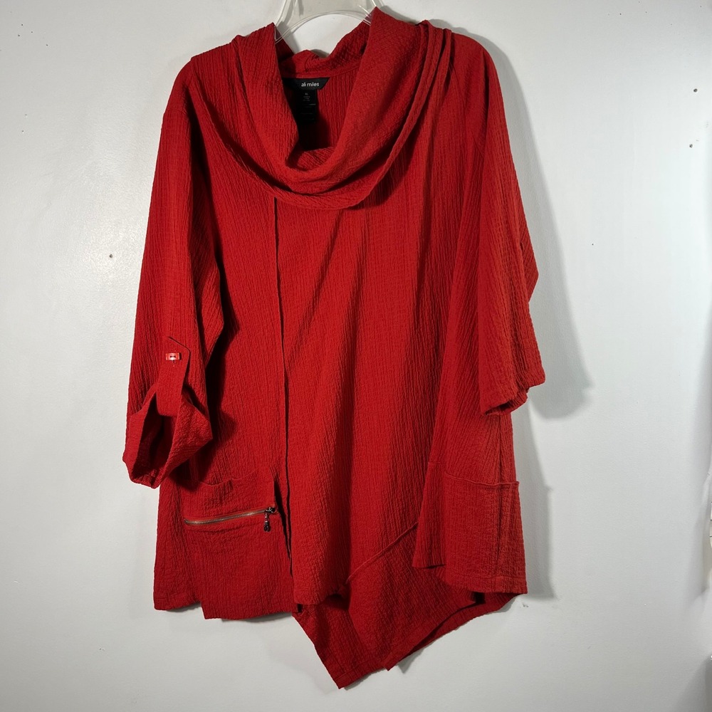Ali Miles Mock Neck Tunic Asymmetrical Pockets Crinkly 3/4 Sleeve Red Orange XL